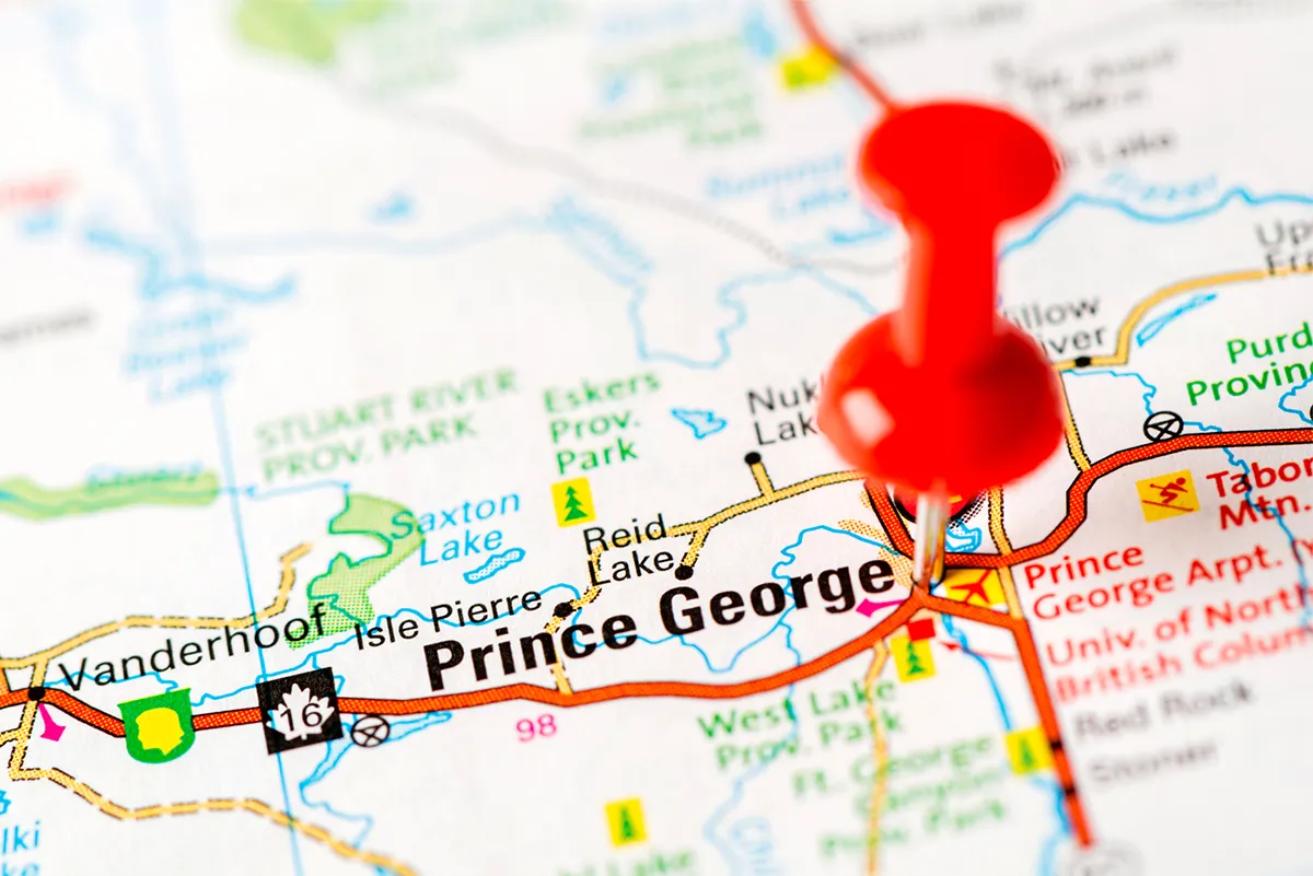 Map with thumb tack indicating Prince George